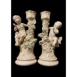 10.5” Holland Mold Vintage Pair of Victorian Ceramic Cherub Candle Holders